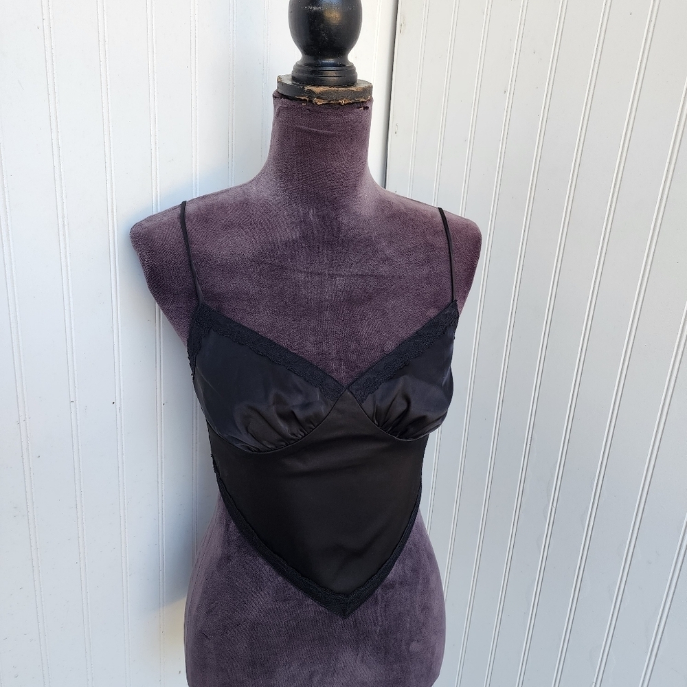 American Threads Triangle Tank Top Women's Black Satin Boho Flirty Tie Back Sz S